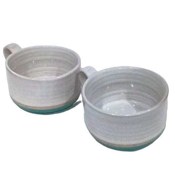 Two PC Brand Large Soup Bowls / Mugs with Handles White with Green‎ Base - Picture 1 of 6